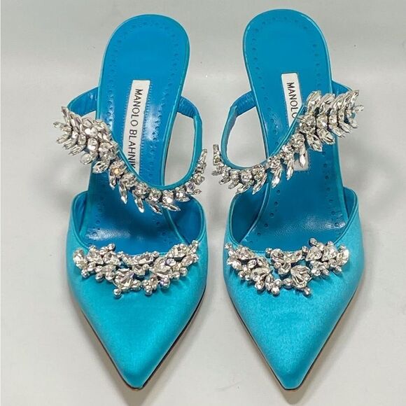 Manolo Blahnik Lurum 90 Embellished Satin Mules size 39.5 - Picture 2 of 12